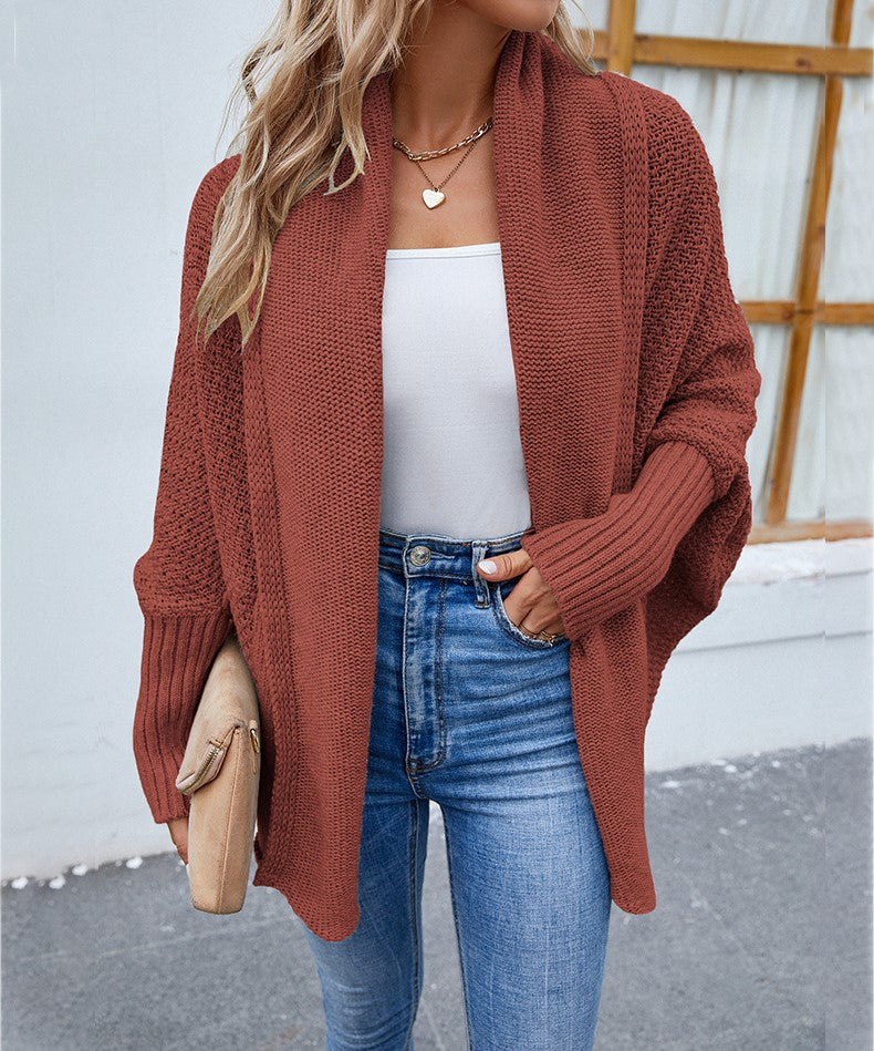 Loose Knit Sweater Bat Sleeve Lapel Cardigan for Women