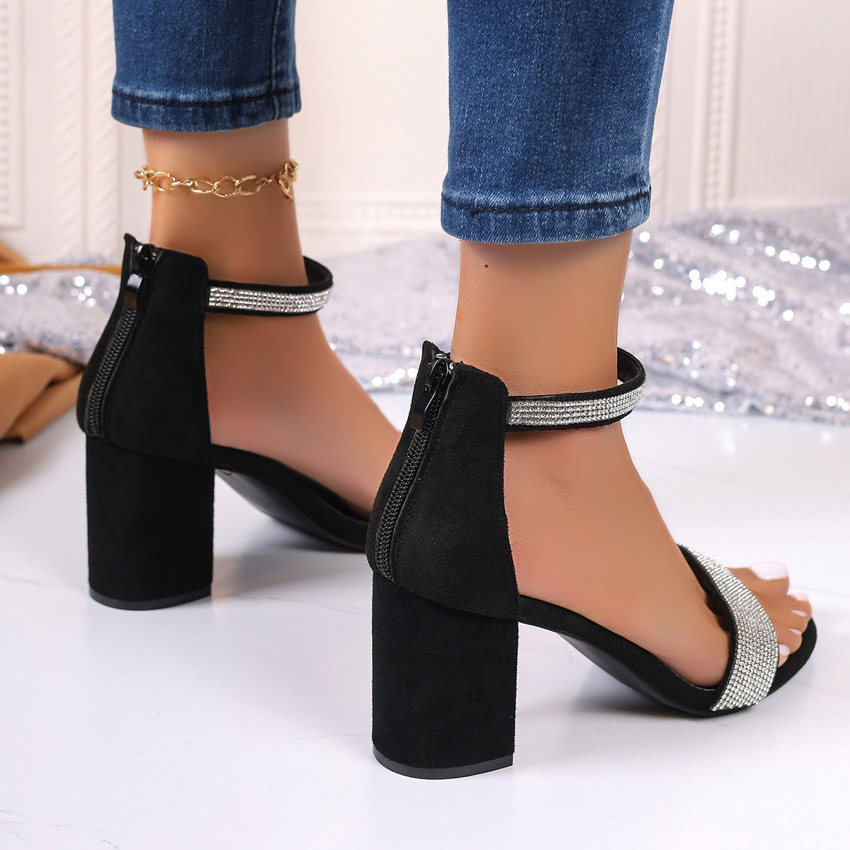 Chunky Square Heel Sandals: Rhinestone Open Toe, Summer Style