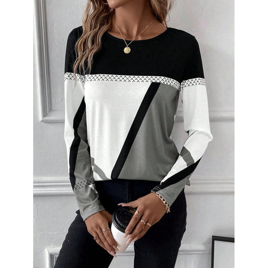 Geometric Print Pullover: Stylish Contrast Stitched Top for Women