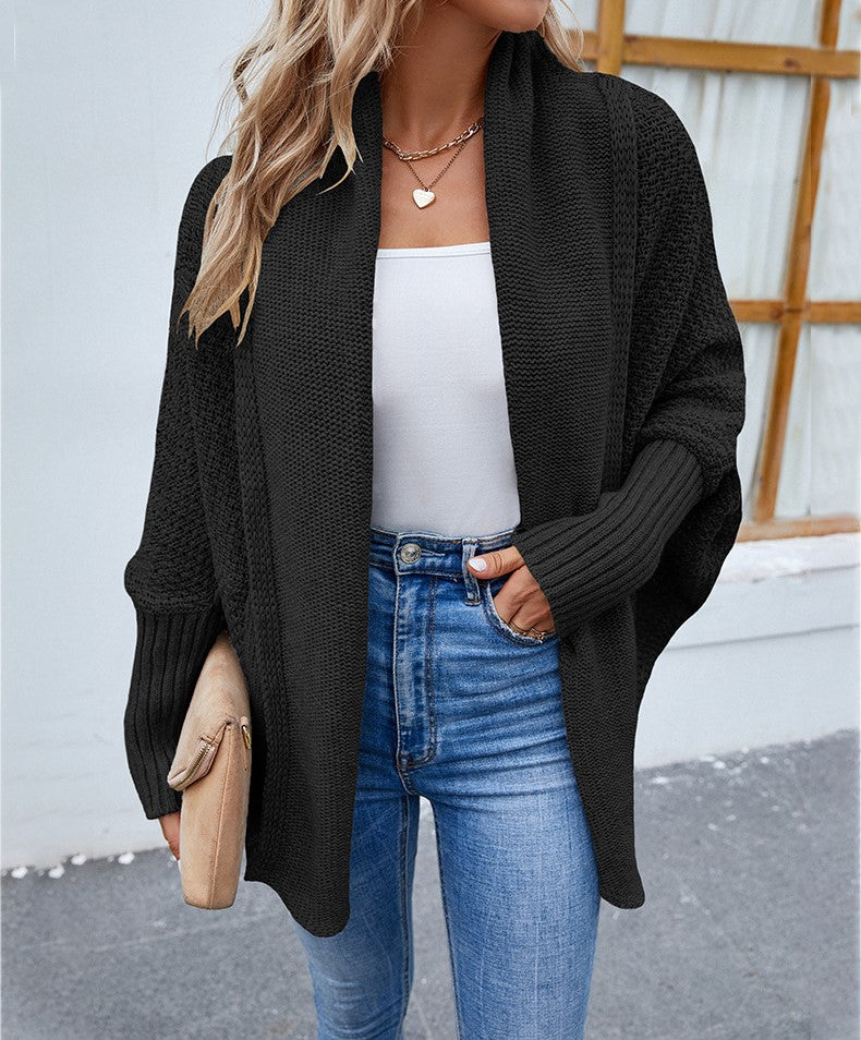 Loose Knit Sweater Bat Sleeve Lapel Cardigan for Women