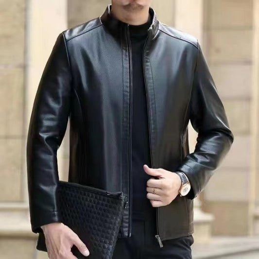 Fleece-Lined Stand Collar Leather Jacket for Middle-Aged Men