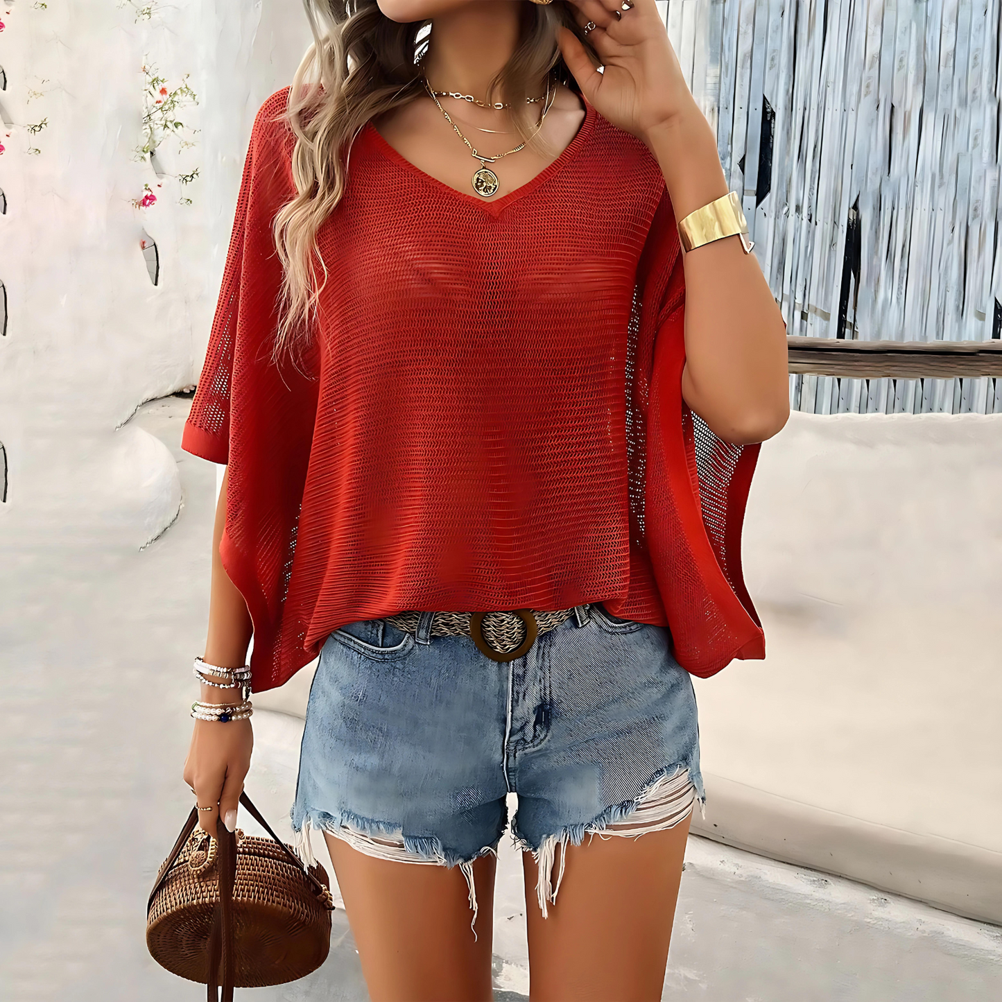 Women's Hollow V-Neck Bat Sleeve Tee: Loose Summer Style