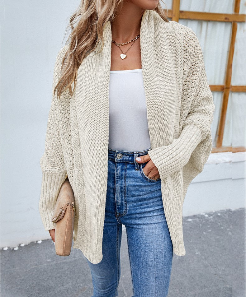 Loose Knit Sweater Bat Sleeve Lapel Cardigan for Women