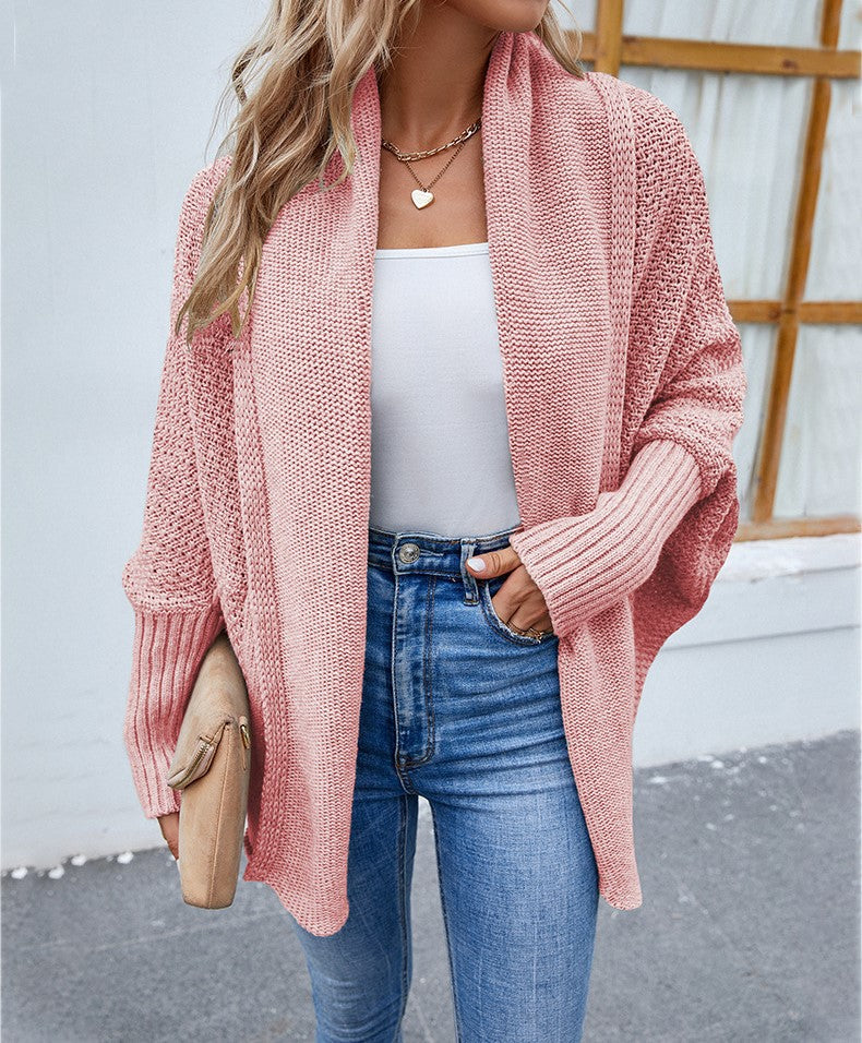 Loose Knit Sweater Bat Sleeve Lapel Cardigan for Women