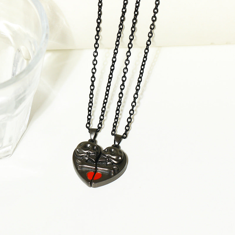 Punk Skull Heart Pendant Necklace for Halloween Couples