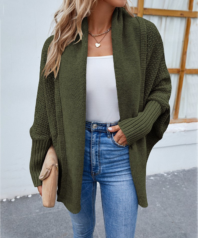 Loose Knit Sweater Bat Sleeve Lapel Cardigan for Women