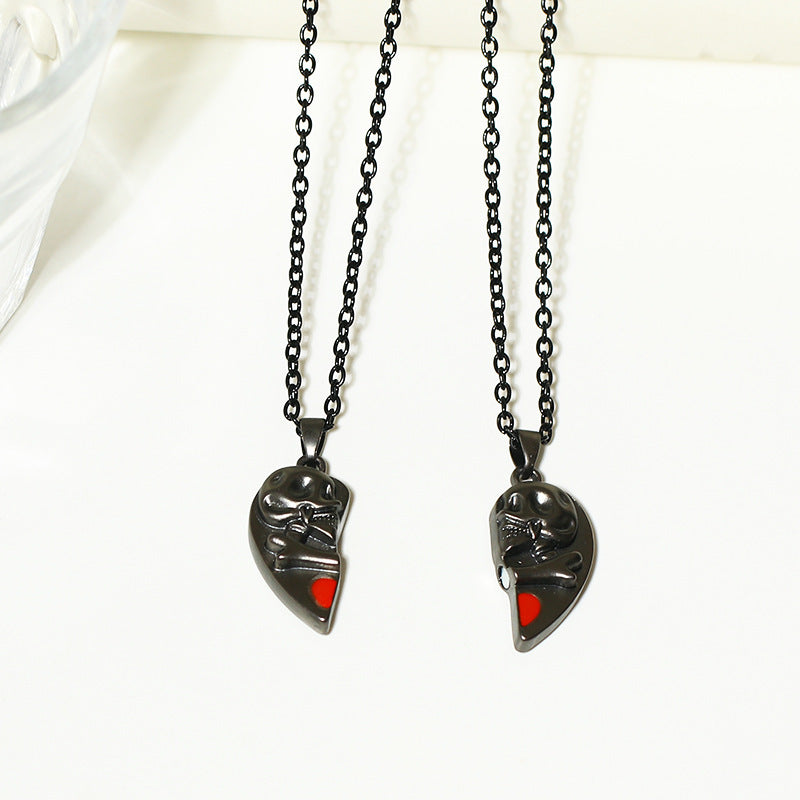 Punk Skull Heart Pendant Necklace for Halloween Couples