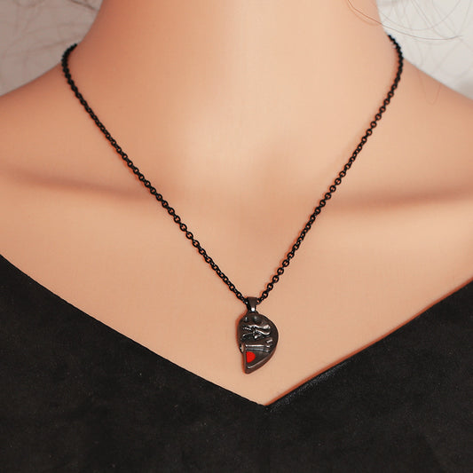 Punk Skull Heart Pendant Necklace for Halloween Couples